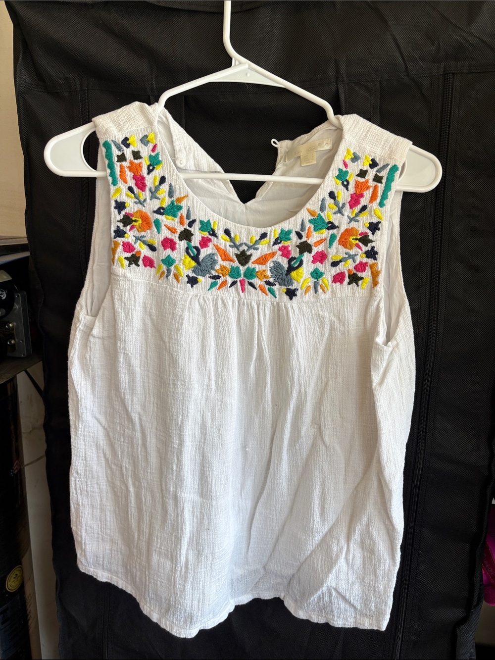 White Embroidered Sleeveless Cotton Camisole with Multicolor Floral Yoke